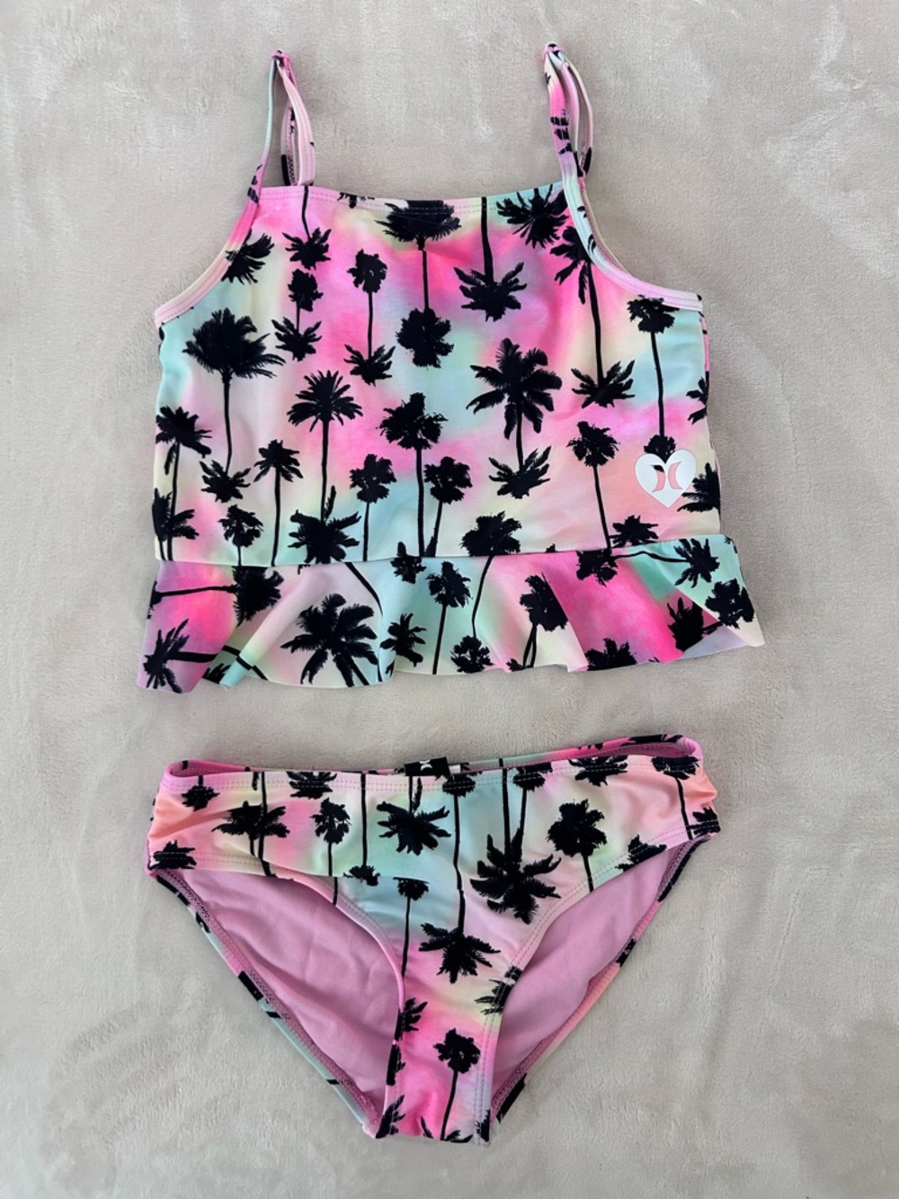 Hurley Girls Pastel Pink Mint Tankini with Black Palm Print